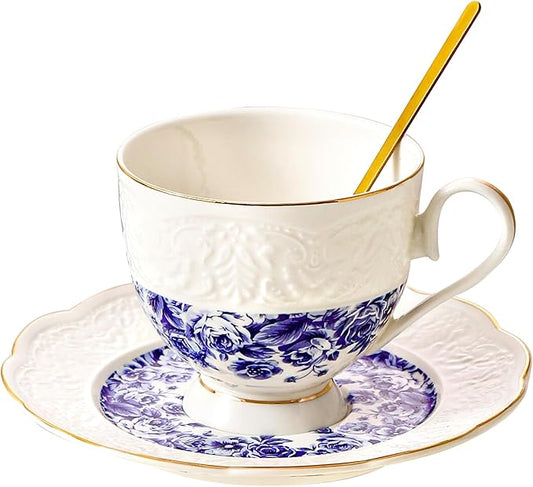 TATSUMI Interglio Embossed Bone China Tea Cup and Saucer Set, 3 Pieces Vintage Style Coffee Cup & Saucer Set For Women Wedding Gift (Starry Sky Rose, 1 set)