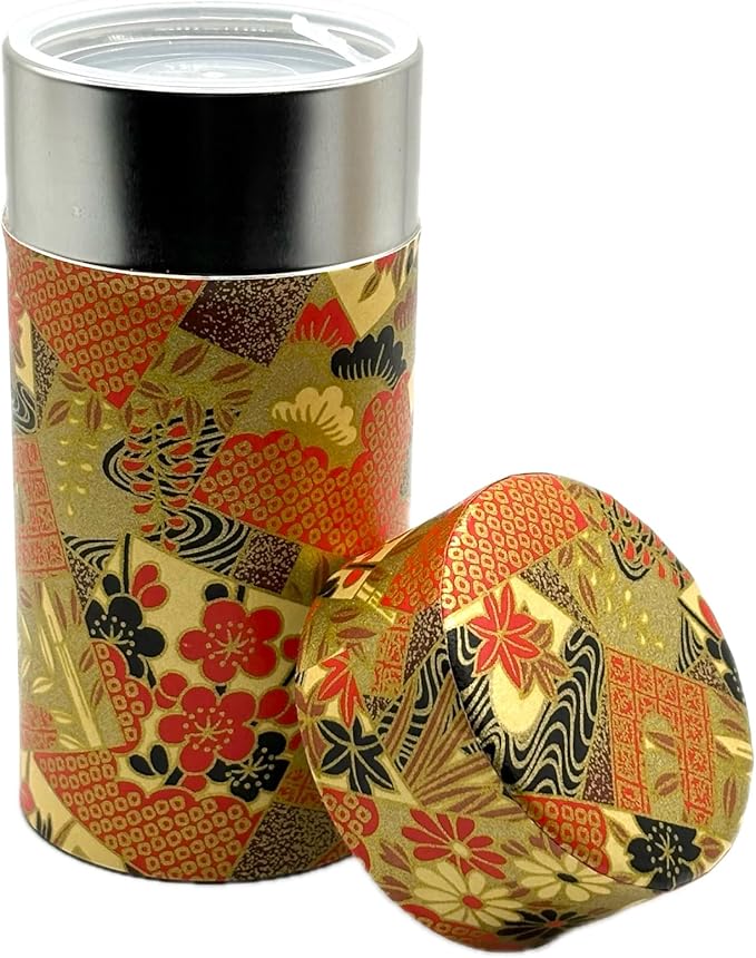 KONJIKI YUGURE Japanese Tea Canister Tin (Golden Twilight) with Double Lid, Japanese Washi Paper Pasted, 200g Tea Capacity, Loose Leaf Tea Storage Container with Lid