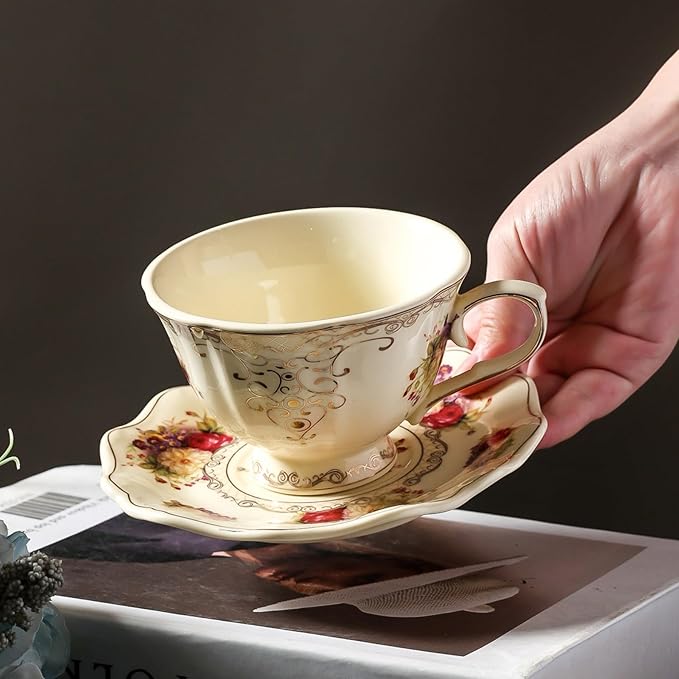 8 oz Vintage flower Ceramic cup and 6" saucer set with Brand customized stainless steel spoon Gifts for Afternoon Tea Coffee Hour (F)