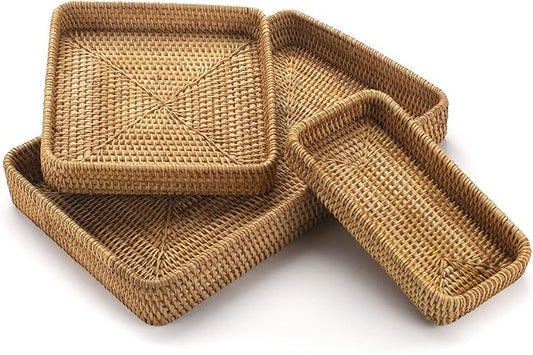 Rattan Serving Tray, Rectangular Woven Tray, Natural Wicker Decorative Serving Baskets for Organizing Tabletop Bathroom Kitchen Counter (Natural)
