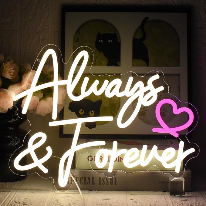 Always Forever Neon Sign Warm White Neon Light Sign, Letters Wedding Led Neon Signs for Wall Decor, Dimmable with USB Powered for Bedroom Propose Anniversary Christmas Gifts