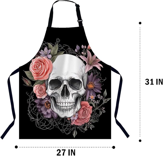 Skull Flowers Vintage Rose Floral Waterproof Apron Kitchen Chef Aprons Bibs for Grooming Cooking Baking Painting Gardening - Image 2