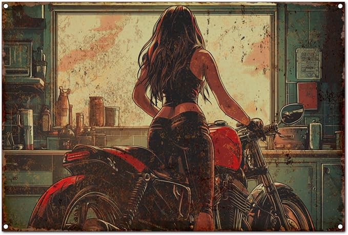 Original Vintage Tin Sign Wall Art - Antique Style Motorcycle Club Decorations Artwork - Funny Retro Metal Decor for Home, Cafe, Bar, Office, Garage, Man Cave, 8x12 Inches (E - The Girl on a Motorcycle, 8x12x0.1 IN) by Unknown