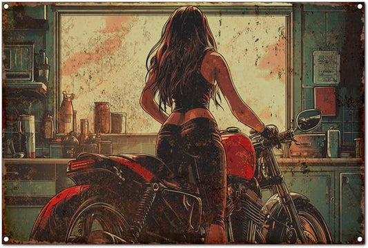 Original Vintage Tin Sign Wall Art - Antique Style Motorcycle Club Decorations Artwork - Funny Retro Metal Decor for Home, Cafe, Bar, Office, Garage, Man Cave, 8x12 Inches (E - The Girl on a Motorcycle, 8x12x0.1 IN) by Unknown