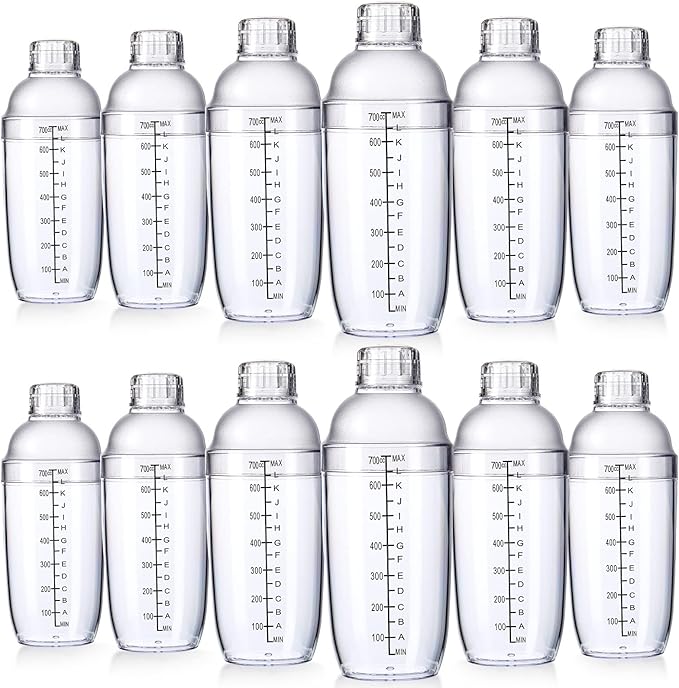 Lallisa 12 Pcs Plastic Cocktail Shaker Drink Mixer with Scales and Strainer Top Clear Shaker Cup with Measurement Plastic Mixing Tool for Tea Coffee Bubble Tea Milk(700 Cc/ 24 oz)