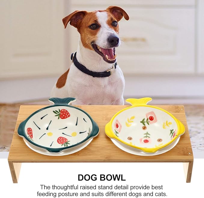 Creative Elevated Pet Bowls with Bamboo Stand Double Ceramic Puppy and Cat Bowls for Comfortable Feeding Joint Relief and Whisker Fatigue Prevention