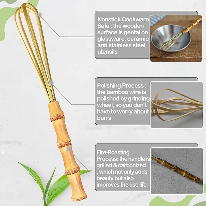 7 Inch Wooden Whisk - Handmade Natural Bamboo Egg Whisk & Frother for Mixing Eggs, Sauces, Batters (Pancake, Waffle), Cream, Matcha, Smoothies - Eco-Friendly Kitchen Tool, Uncoated Multipurpose Mixer