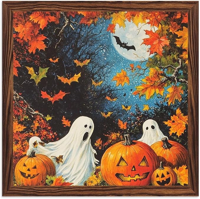 Vintage Halloween Theme Decorative Sign Spooky Ghosts & Pumpkins Art Wooden Sign, With Frame Fall Theme Sign for Home Office, Cafe, Bedroom Halloween Decor 7.87x7.87 Inch by Nwijvsn