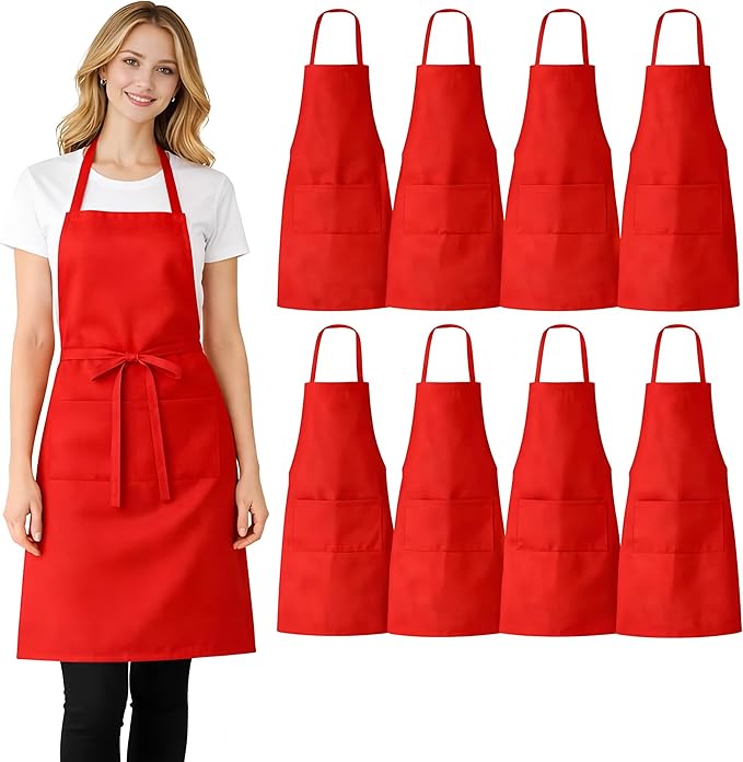 8 Pack Aprons Bulk with Pockets, Unisex Apron with Extra Long Ties for Chef, Cooking Classes, Painting, BBQ by NYMMOATA