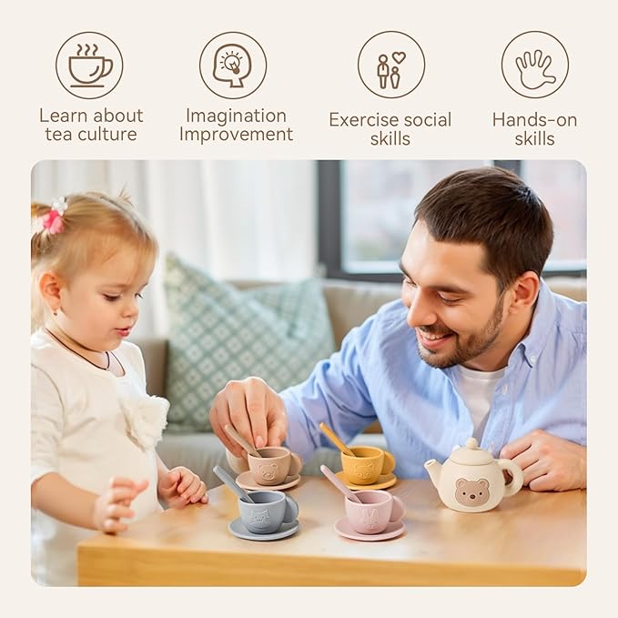 Tea Party Set for Little Girls 1-3 Kids Tea Set 14 Pcs with Silicone Teapot Cups Coasters Carrying Scoop, Kitchen Accessories Pretend Play for Girls Boys Age 3 4 5