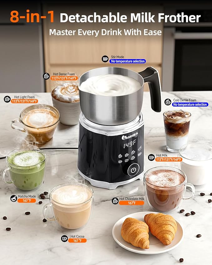 IAGREEA Electric Milk Frother, 20.3oz Automatic Hot & Cold Milk Frother with Variable Temperature & Froth Control, Detachable Dishwasher Safe Milk Steamer for Latte, Cappuccino, Matcha