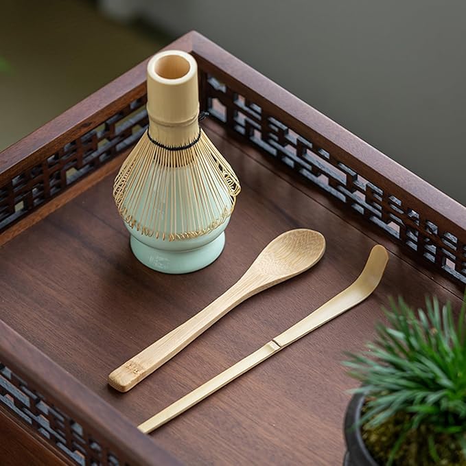 Matcha Whisk Set - Matcha Set 4 Pcs - Bamboo Matcha Whisk + Ceramic Whisk Holder + Scoop +Spoon - 100% Handmade from natural Bamboo - for starter
