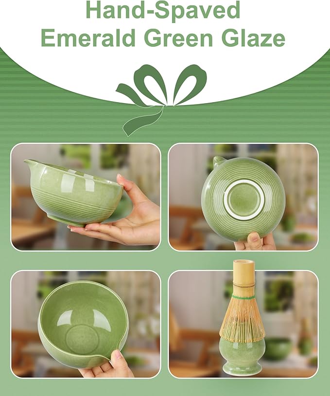 ZENS Matcha Whisk Set, 5pcs Matcha Kit Set Includes Emerald Green Bowl, Handcrafted Bamboo Whisk and Chasen Holder, Scoop & Tea Mat, Matcha Tea Ceremony Gift for Matcha Lovers