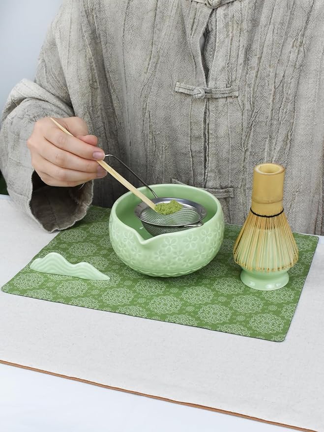 Artcome Matcha Tea Set – Green Sakura Embossed Ceramic Bowl 17oz with Bamboo Whisk, Whisk Holder, Strainer, Scoop, Tea Spoon, Cloth – Traditional Japanese Matcha Kit for Daily Use & Gift Giving
