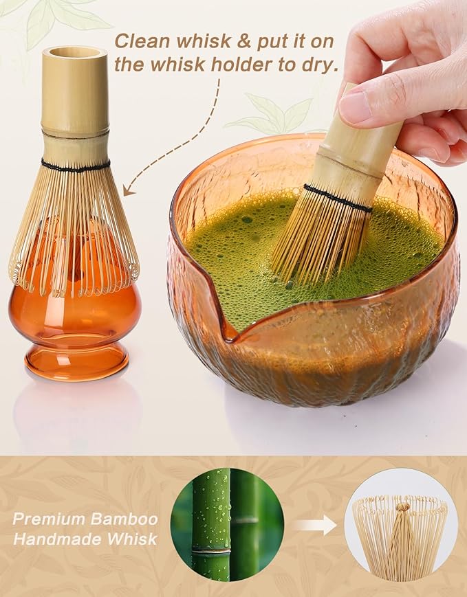 Matcha Whisk Set, 7 Pcs, Matcha Kit Includes Matcha Bowl, Matcha Whisk and Holder, Bamboo Scoop, Spoon, Sifter and Tea Towel, Matcha Set, Gift for Matcha Lovers & Beginners (Amber)