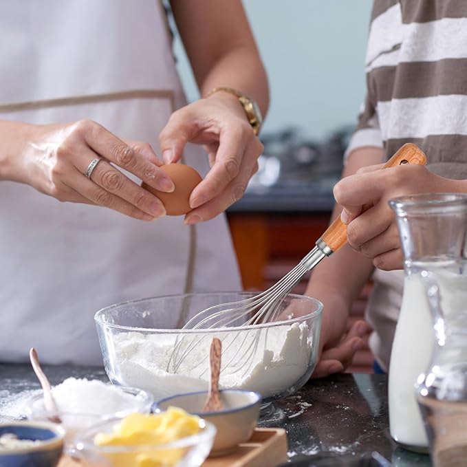 3 PCS Whisks for Cooking Stainless, Whisk Wooden Handle Stainless Steel, Non Stick Balloon Whisk Kitchen Hand Whisk for Stirring, Whisking, Beating, Egg, Blending, Batter (8.07"L X 1.57"W)