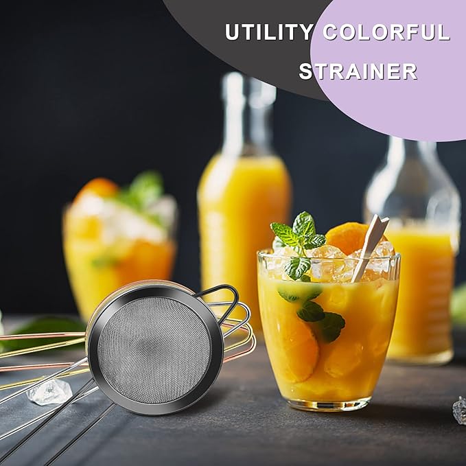 Black Small Strainer Set of 2, E-far 3.3 Inches Stainless Steel Fine Mesh Sieve with Long Handle, Metal Conical Strainers for Tea Cocktail Coffee Food, Rust Proof & Easy to Clean