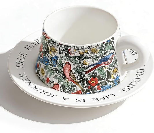 Ceramic Cup and Saucer Set, Luxurious Coffee/Tea Mug, Vintage Beautifully Printed Cups with Handle Practical Gifts for Women Housewarming/Birthday/New Year/Valentine's Day/Mother's Day, 8.8oz (White)