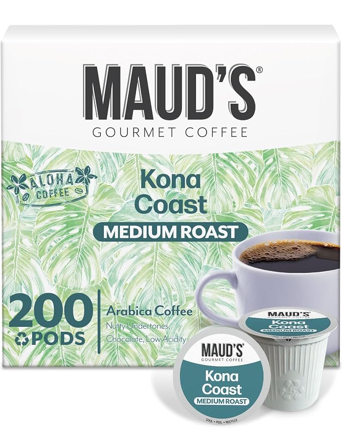 Maud's Kona Coffee Pods, 200 ct, Medium Roast Coffee in Single Serve Pods – 100% Arabica Coffee, Compatible with Keurig K Cups Maker by MAUDSCOFFEETEA