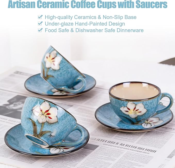 8 Oz Floral Porcelain Cappuccino Cups with Saucers Set of 4, Stoneware Tea Coffee Mugs for Home Kitchen & Office, Dishwasher Microwave Oven Safe, for Espresso, Latte, Americano, Milk & Tea, Blue