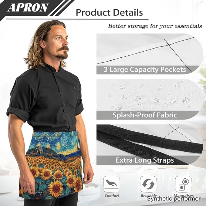Waist Apron with 3 Pockets Waterproof 13 Inch Short Half Waist Aprons Women Men Server Aprons Waitress Waiter Apron - Image 6