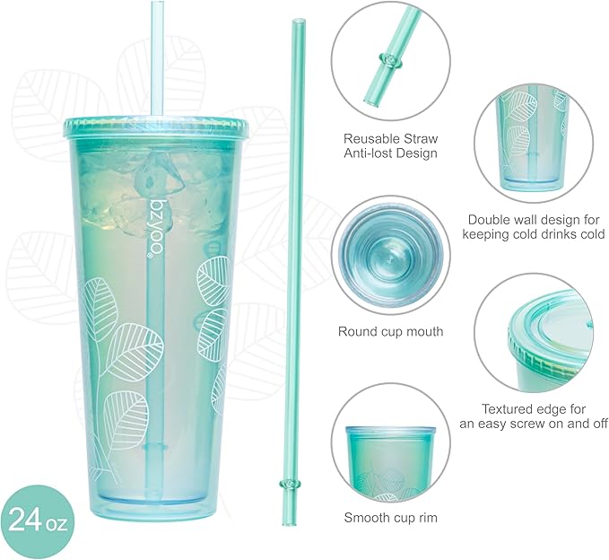 bzyoo SIP 24oz (710ml) Double Wall Plastic Tumbler with Lid and Straw Cold Drink Travel Mug Reusable Ice Coffee Tea Cup Perfect for Office Poolside Parties Gifts Color: Pearl Green