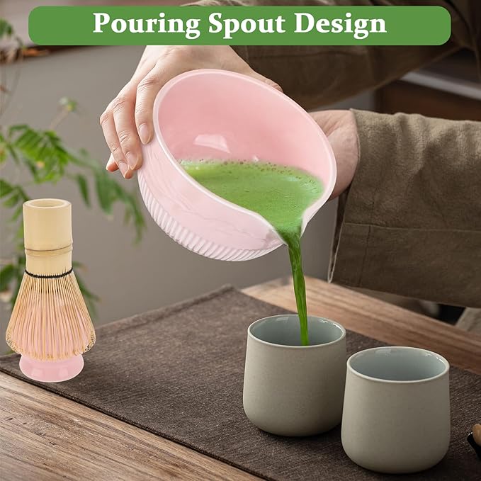 PHILORN Matcha Whisk Set, 9Pcs Ceramic Macha Kit, Matcha Set Whisk and Bowl with Spout, Whisks, Holder, Bamboo Scoop, Scoop Rest, Sifter and Tea Towel for Macha Lover (Pink)