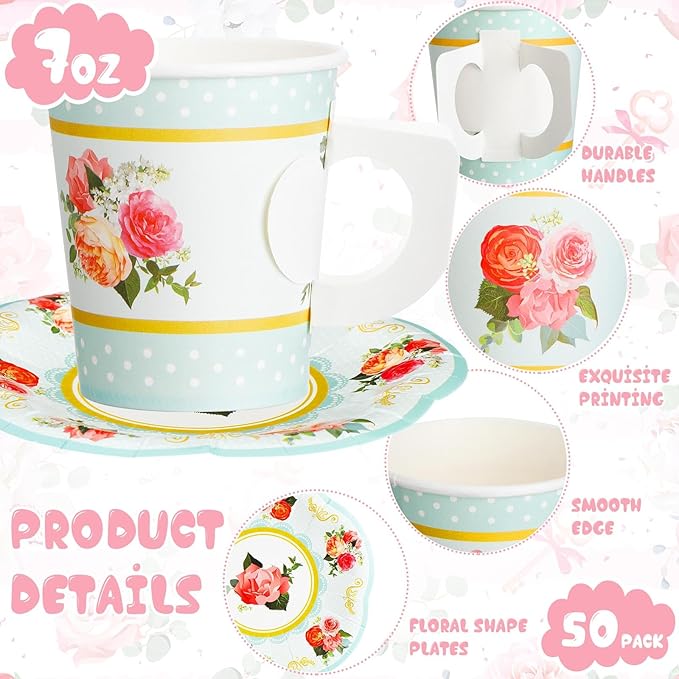 100 Pcs Tea Party Decorations Includes 50 7 oz Paper Tea Cups with Handle 50 Vintage Floral Plates Disposable Tea Cups and Saucers for Wedding Spring Party Birthday Hot Cold Drinks(Blue)