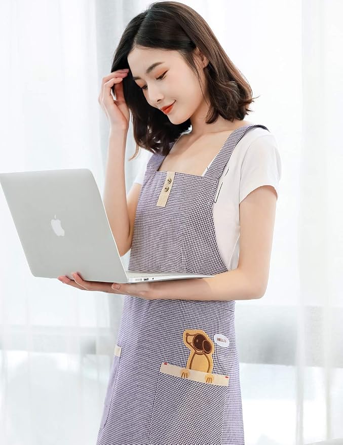 NEWGEM 100% Cotton Cute Gingham Apron with Pockets - Korean Style H-Back Pinafore for Florist, Housekeeping, Art Teacher (Purple Doggy) - Image 3