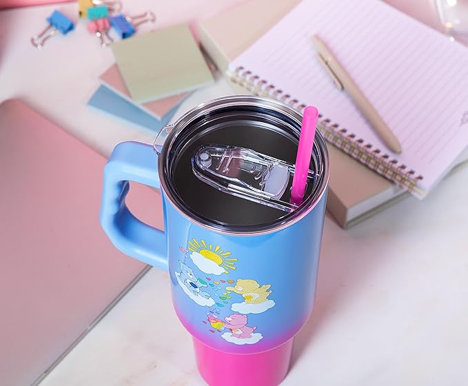 Silver Buffalo Care Bears Featuring Grumpy Bear, Funshine, and Love-A-Lot Bear Heart Showers Ombre Double Walled Stainless Steel Tumbler with Handle and Straw, Fits in Standard Cup Holder, 40 Ounces
