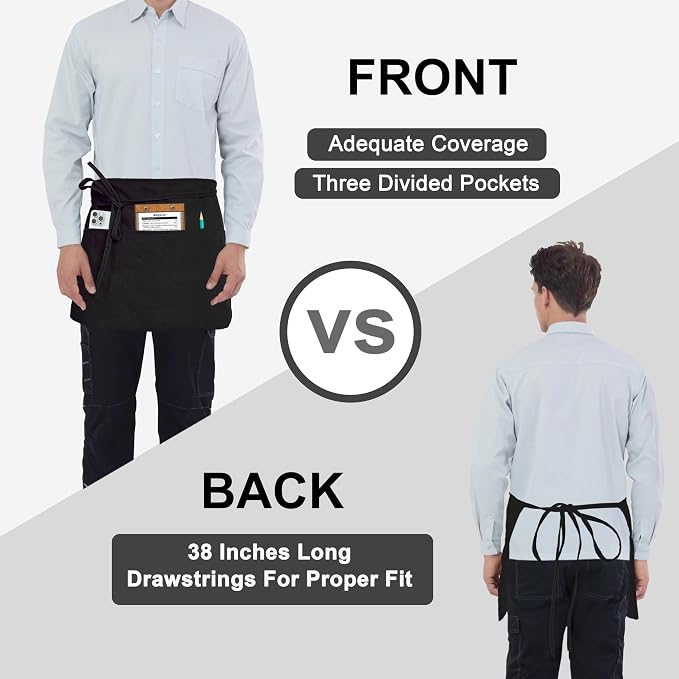 PLOYMONO 1P Black Server Apron with 3 Pockets, Short Waist Waitress Apron | Polyester Short Waiter Apron with 3 Deep Pockets, Great for Restaurant Servers, Bartenders, Hosts, Baristas - Image 5