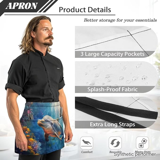 Waist Apron with 3 Pockets Waterproof 13 Inch Short Half Waist Aprons Women Men Server Aprons Waitress Waiter Apron - Image 6