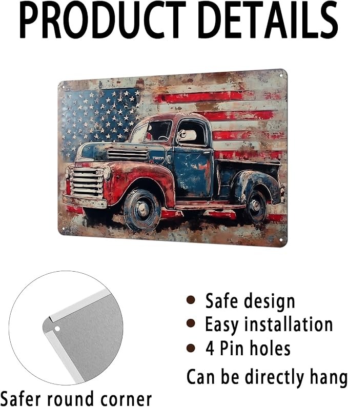 Vintage American Flag Sings Truck Metal Sign Print Aesthetic Room Decoration for Home Bedroom Kitchen Bar Dorm Bathroom Wall Decor 8 x 12 in - Image 8