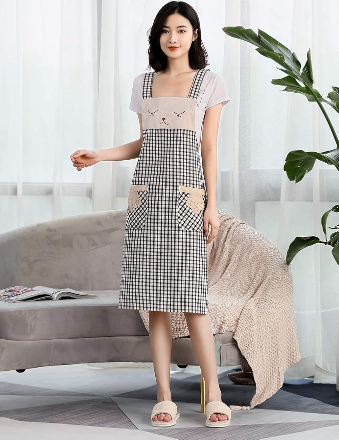 NEWGEM 100% Cotton Cute Plaid Apron with Pockets - Korean Style H-Back Cat Pinafore for Kitchen Cooking, Housewife (Black/White Cat) - Image 2