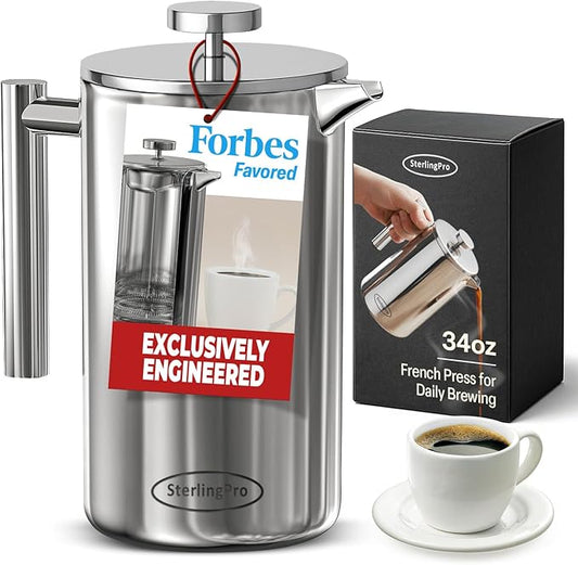Stainless Steel French Press Coffee Maker 1 L (34 oz) Mirror – Double Walled Insulated Large Coffee Press, Durable Design Keeps Drinks Hot, Easy to Use and Clean for Rich Flavor Brewing