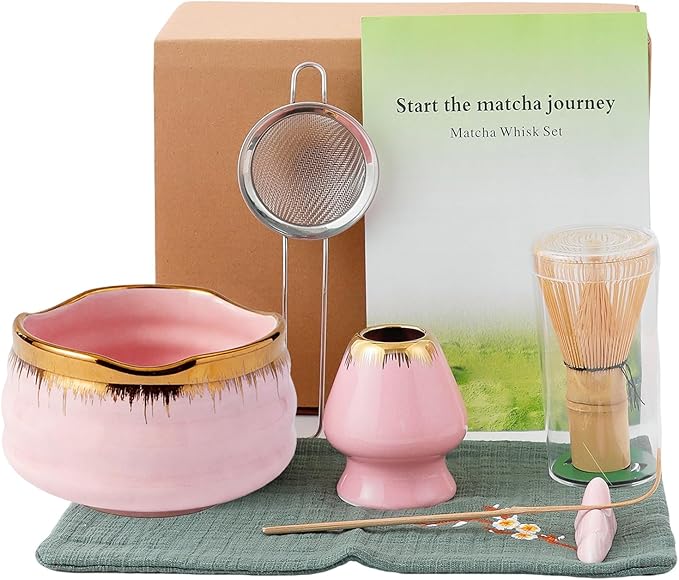 7-Piece Matcha Set: Matcha Bowl + Bamboo Whisk Kit, Ceremonial Matcha Whisk Tools with Golden Texture Details, Japanese Tea Ceremony Starter Kit, Unique Matcha Gift (pink)