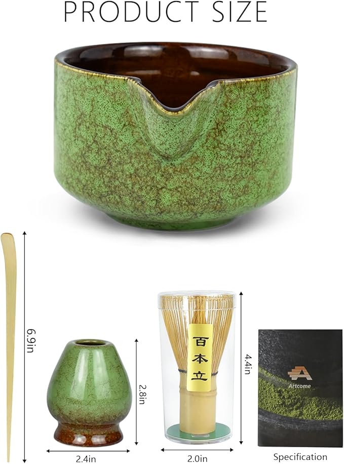 Artcome Premium Matcha Tea Set - 20.2oz Ceramic Bowl, Bamboo Whisk, Scoop, Whisk Holder & Brewing Guide - Complete Set for Authentic Japanese Matcha Ceremony