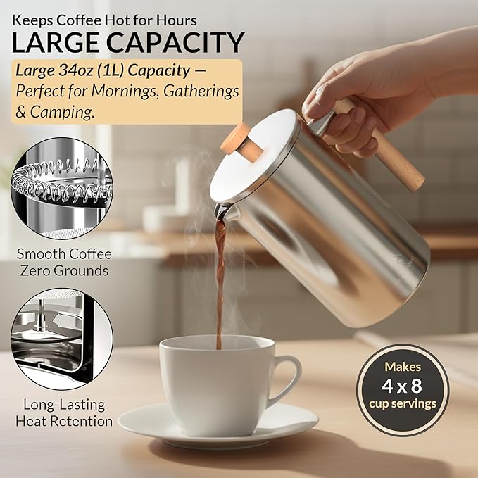 French Press Coffee Maker 304 Stainless Steel 34 Oz Large Double-Walled Insulated French Press Wood Handle 3 Level Filtration System For Kitchen, Camping & Gifting in Premium Box No Plastic