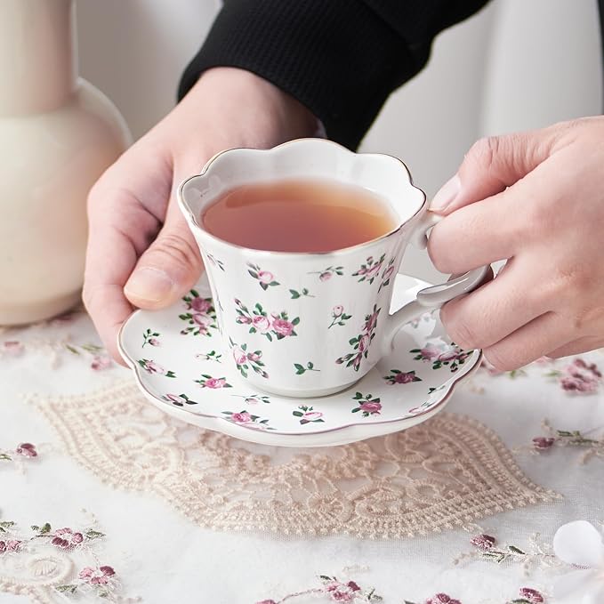 Floral Tea Cups and Saucers, 6oz Ceramic Teacup Set of 4, Elegant Scalloped Edge Coffee Cups for Latte, Cappuccino, Espresso, Rose Tea Cups for Tea Parties, Women Gifts for Mother's Day, Spring Decor