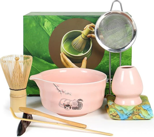 Matcha Whisk Set, Ceremonial Grade Pink Matcha Set, Premium Japanese Matcha Kit with Bamboo Whisk for Matcha Tea, Mixing Bowl, Scoop, Sifter and Matcha Whisk Holder
