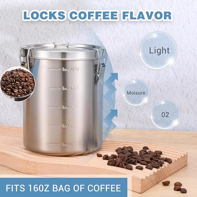 Stainless Steel Coffee Canister for Ground Coffee | 100% Airtight Metal Food Storage Container with Lid Sealed - Keep CoffeeS Beans, Sugar, Tea Fresh for Months (56 fl oz)