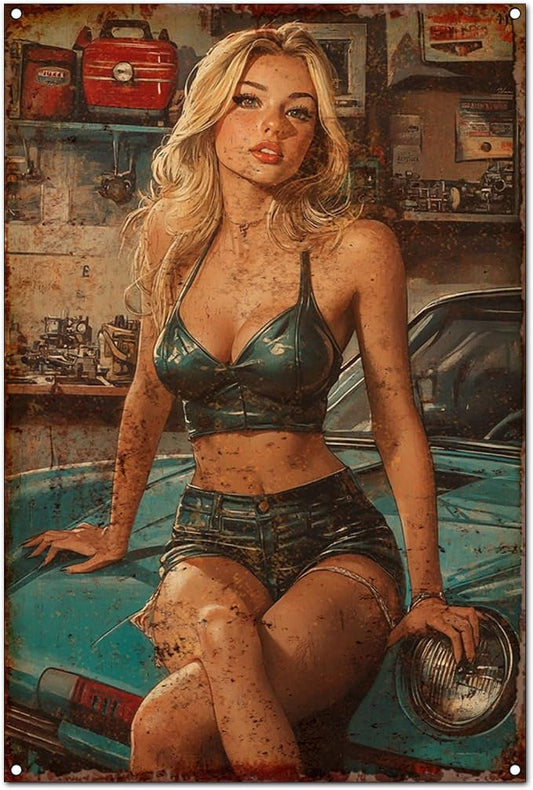 Original Vintage Tin Sign Wall Art - Antique Style Motorcycle Club Decorations Artwork - Funny Retro Metal Decor for Home, Cafe, Bar, Office, Garage, Man Cave, 8x12 Inches (K - Car girl, 8x12x0.1 IN) by Unknown