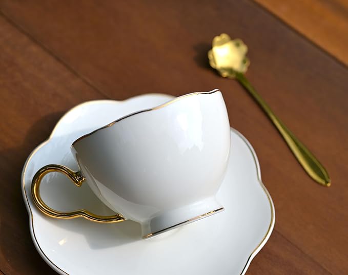 British Coffee Cup 3 Piece Set（6.8oz） Household Fashional Tea Cup with Saucer Spoon (white-A)