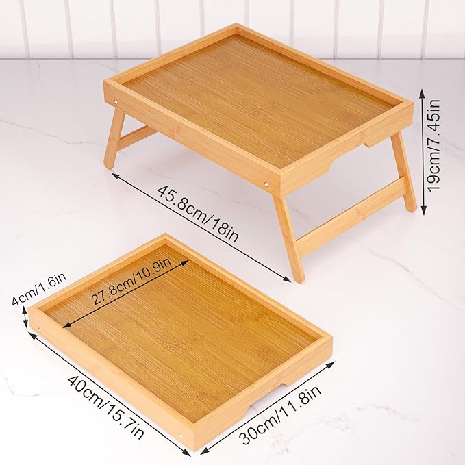 2 Pack Bamboo Bed Tray Table with Folding Legs,Breakfast Trays,Serving Tray for Food and Snack,Laptop Trays for Working(Natural)