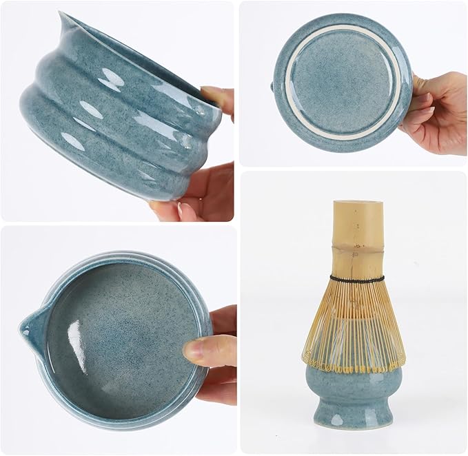 Blue Matcha Whisk Set, Ceramic Matcha Kit Set Valentine Gift Present Includes Matcha Bowl, Matcha Whisk and Holder, Bamboo Scoop, Scoop Rest, Sifter and Tea Towel - 7 Pcs Matcha Kit for Matcha Lovers