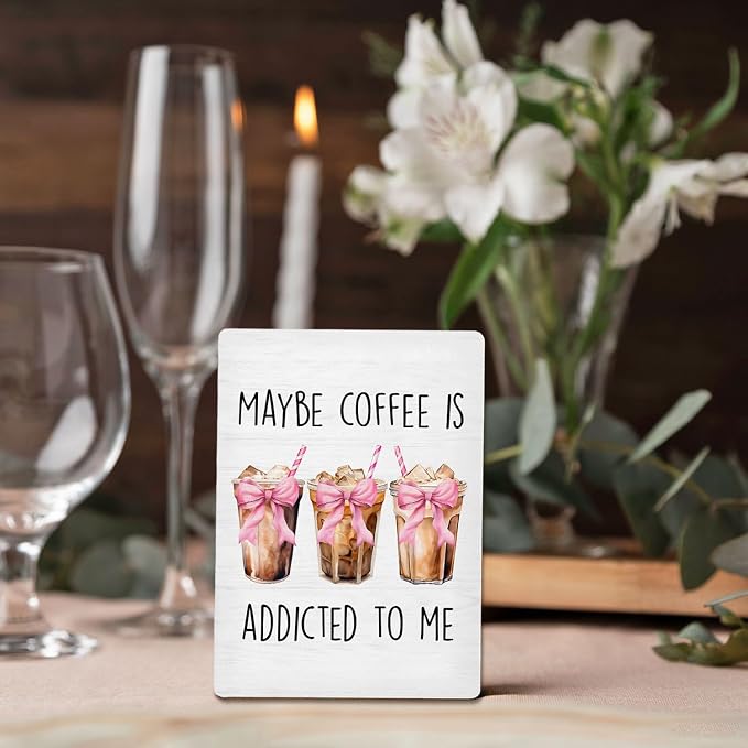 Coffee Bar Sign, Coquette Pink Bow Coffee Wooden Stand Sign 5"X7", Ice Espresso Signs Decorations for Cafe Coffees Station Shop Home Kitchen Table Desk Decor(5x7 Inch) - Image 5