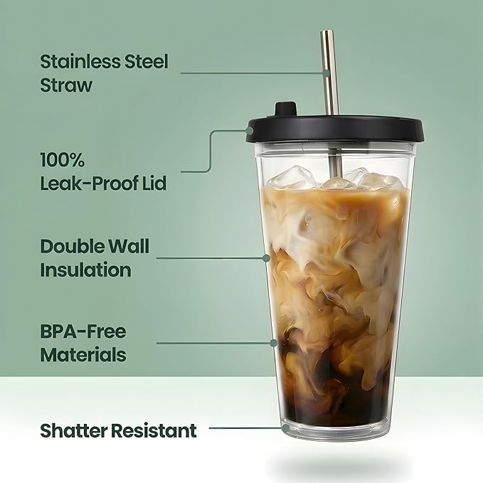 Reusable Iced Coffee Cup (16 Oz/Grande), Leak Proof and Double Wall Insulated Iced Coffee Tumbler, Come with Reusable Plastic and Metal Straws and Straw Cleaner - Black