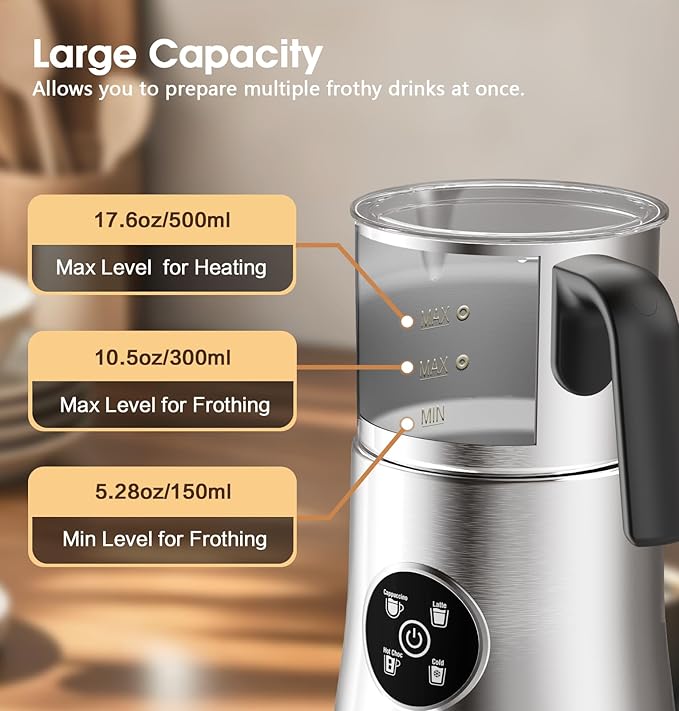 Milk Frother and Steamer, 4-in-1 Electric Frother for Hot & Cold Foam, One-Touch Operation for Cafe-Style Lattes & Cappuccinos, Fast Heat, Dishwasher Safe, 30.44Oz/900ML