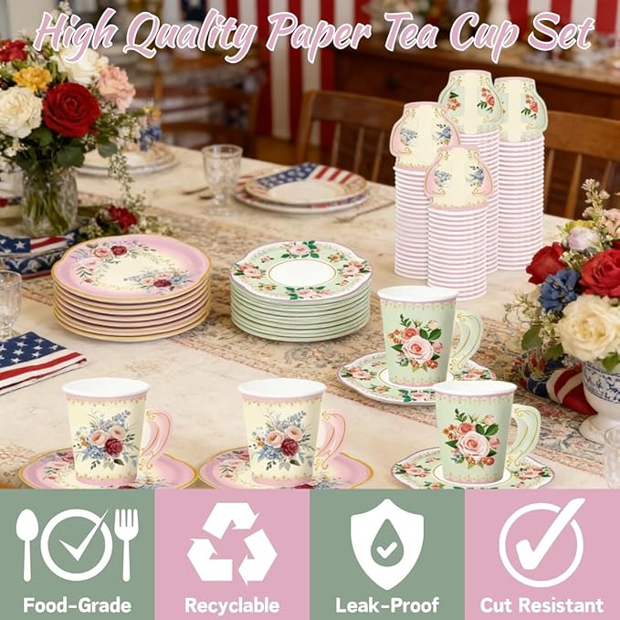 32 Set Floral Paper Tea Cups (7 oz) with Handle & 5.5" Saucers Set, 64pcs Disposable Tea Cup Saucers for Cold & Hot Drinks Serves 32 for Tea Party Wedding Baby Shower Party Supplies