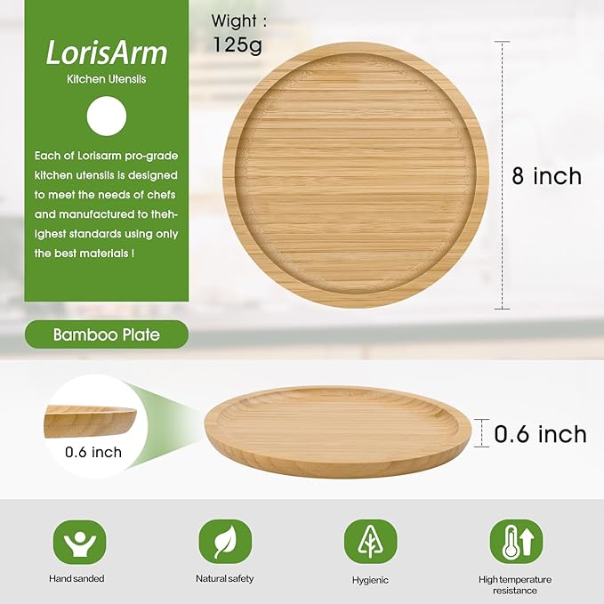 Small Bamboo Plates 8-inch Round ServingTray Wooden Plate Reusable, Mini Wood Serving Platter for Dinner, Dessert, Salad, Appetizer, Snack.
